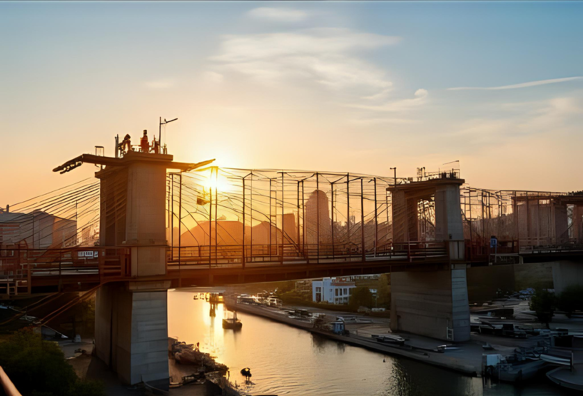 “A bridge being reinforced at sunrise, symbolising rebuilding organisational culture after change.”