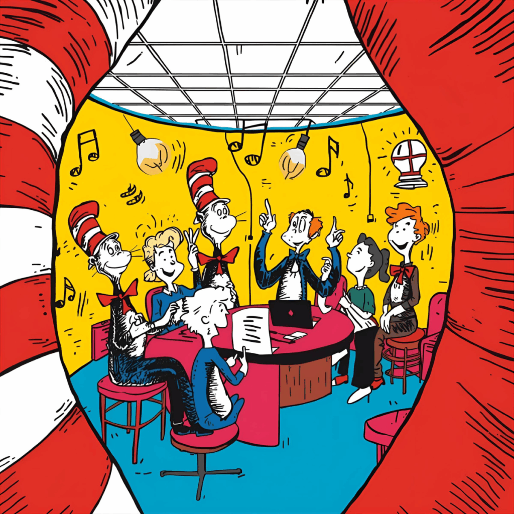 Whimsical Dr. Seuss–style office scene showing happy, creative employees collaborating as bright ideas swirl around them, symbolising a healthy and thriving company culture