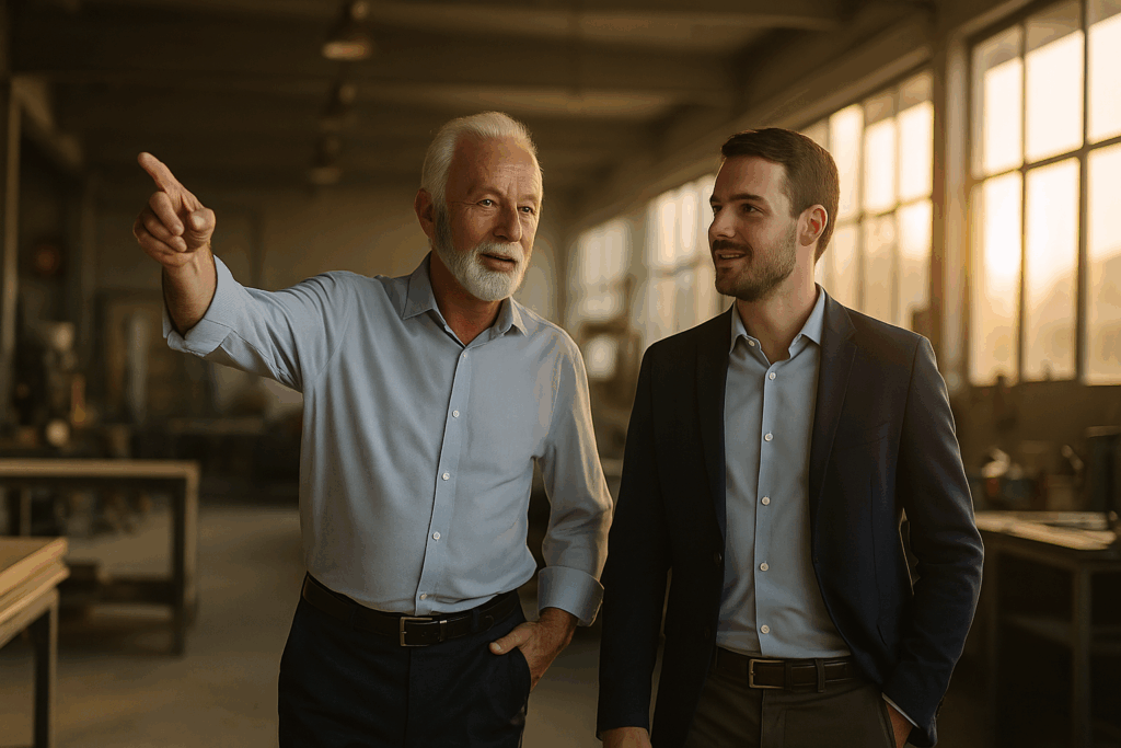 An experienced business founder mentoring a younger family member in a bright workspace, symbolising legacy, mentorship, and generational leadership.