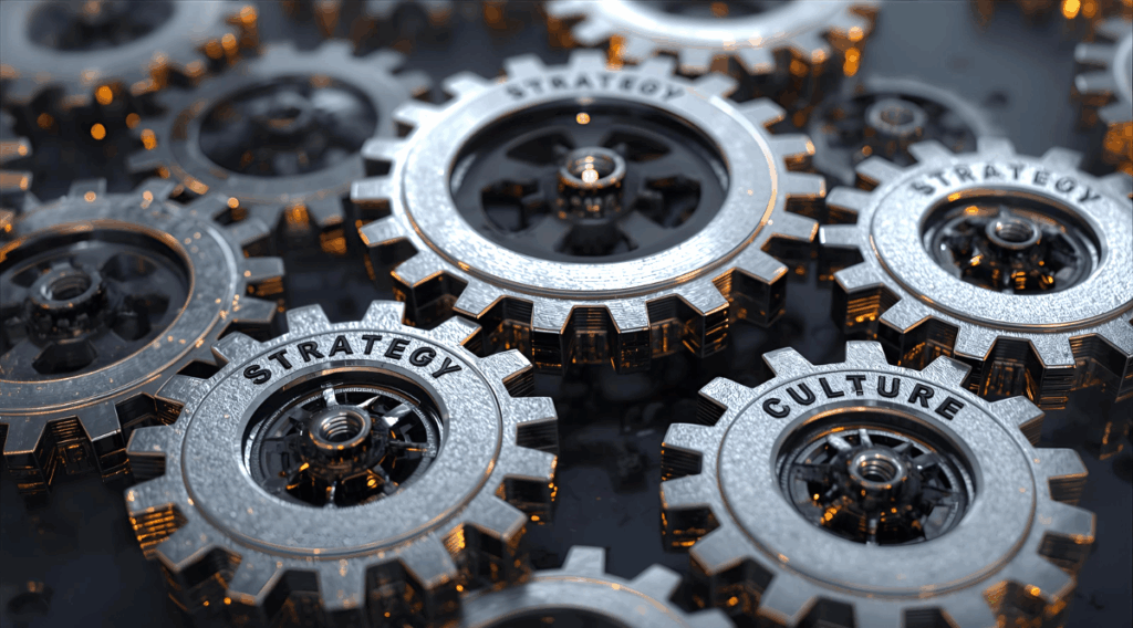 Interlocking gears labelled Strategy, Culture, Execution.