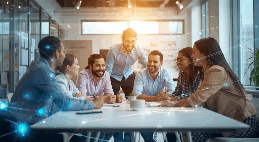 Executive team collaborating around a table with transparent overlay lines showing movement and connection.
