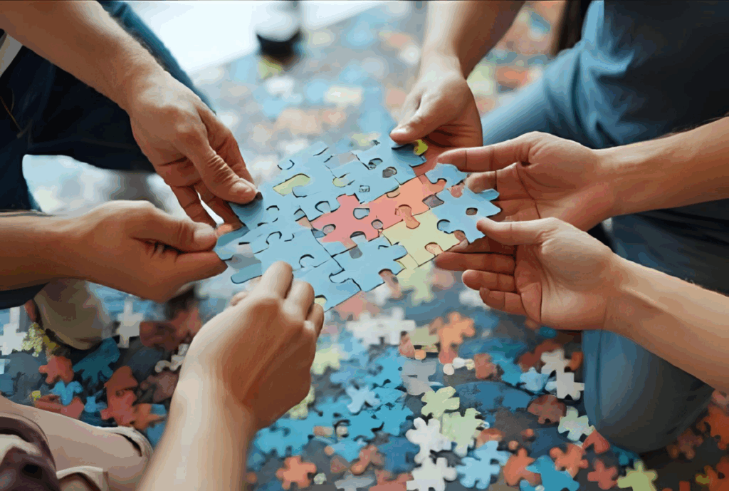 “Hands reassembling a colourful puzzle, symbolising teams reconnecting purpose, trust, and values to rebuild a strong organisational culture.”