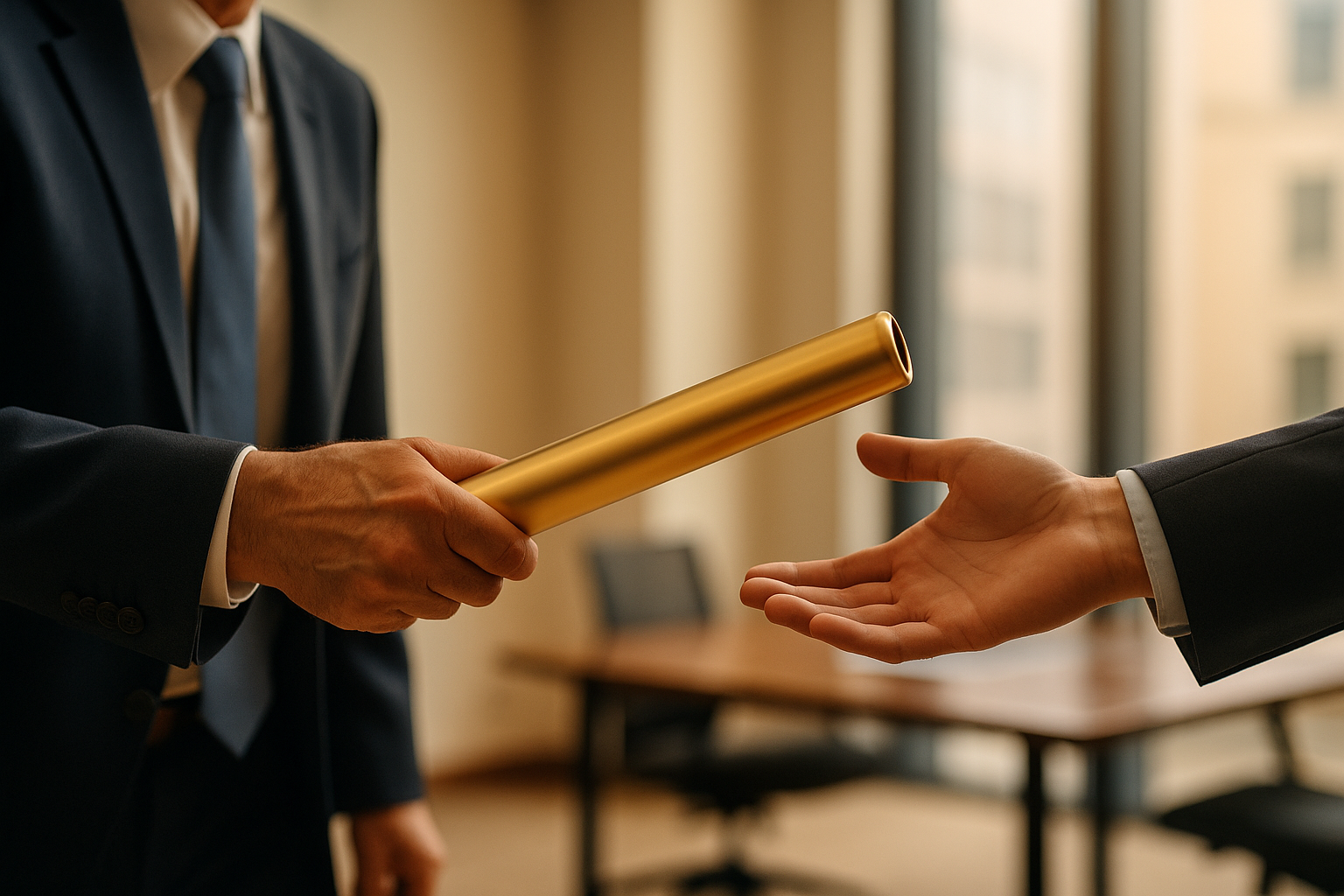 “An older and a younger business leader passing a baton in an office, symbolising leadership continuity and a culture of succession planning in a family business