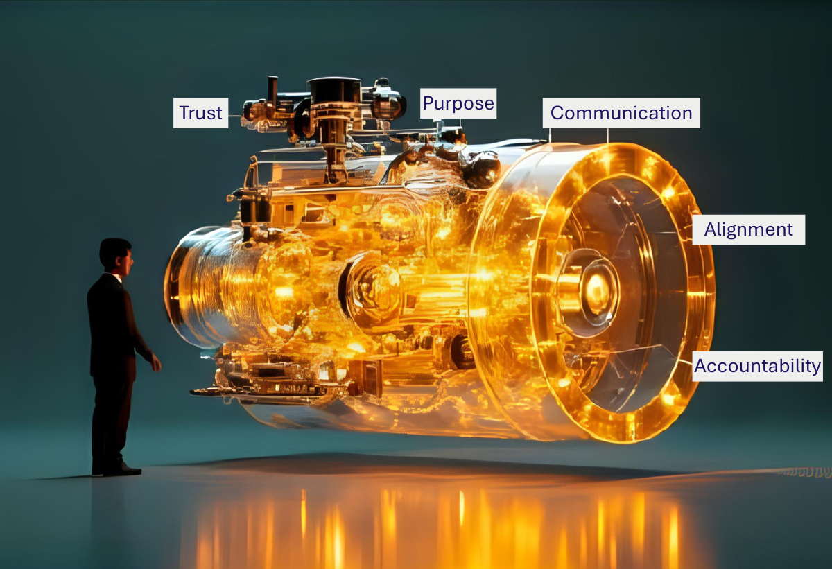 A business leader stands before a glowing golden engine symbolising company culture. The engine’s parts are labelled with key values — Trust, Purpose, Communication, Alignment, and Accountability — representing the inner mechanics that drive a strong company culture.