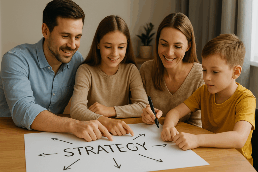 “Family business leaders collaborating around a strategy table, symbolising open communication, structure, and shared decision-making in succession planning.”