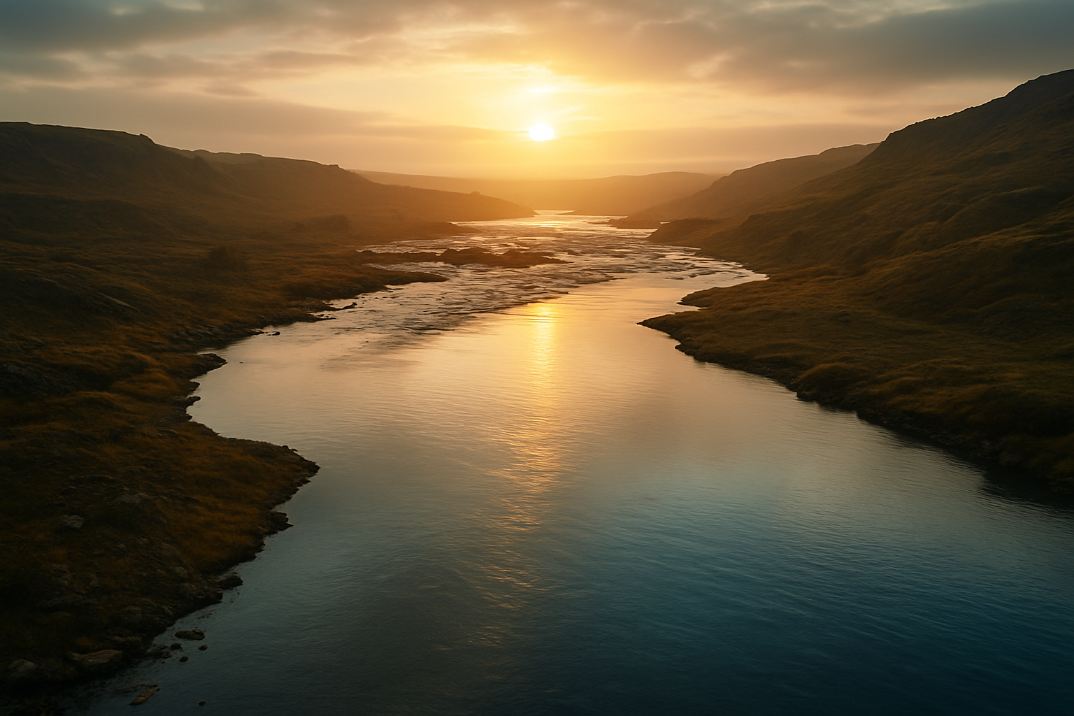 A sunrise over a winding river, symbolising the journey from chaos to flow as resilient teams regain rhythm after change.