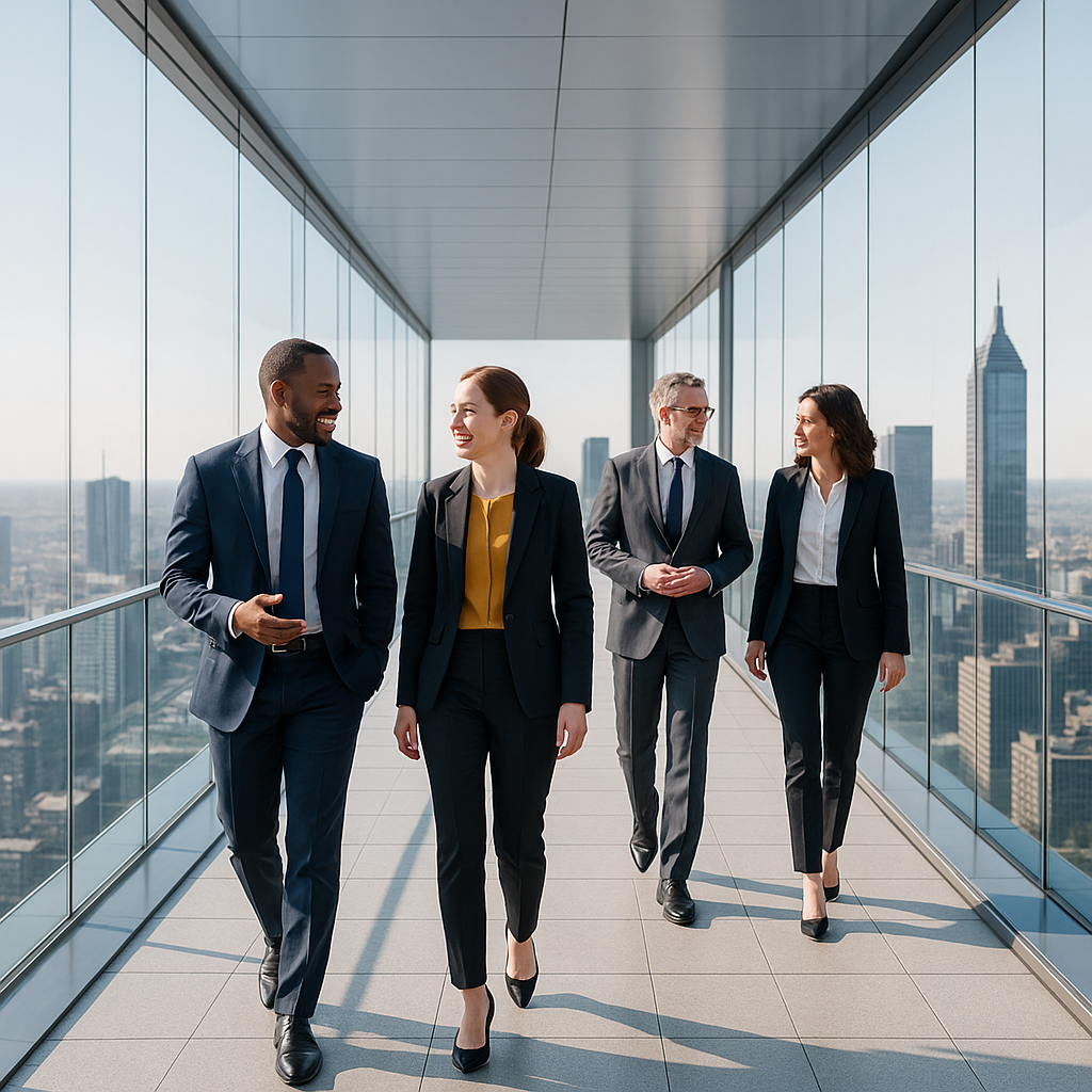Executives walking in synchrony across a glass bridge symbolising aligned organisational behaviour