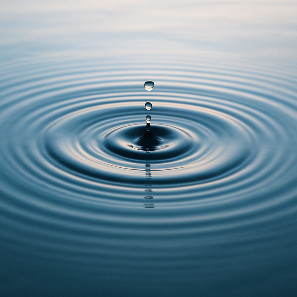 A single droplet creating expanding ripples, symbolising how leadership behaviour shapes company culture