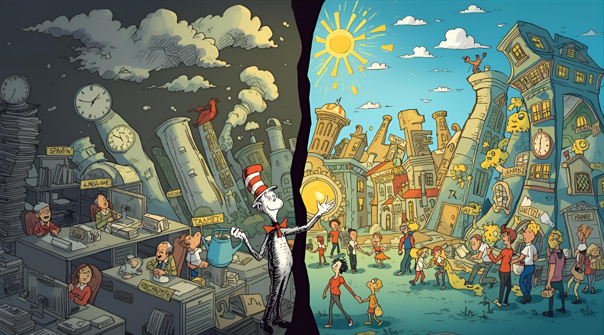 “Whimsical Dr. Seuss–style illustration of a workplace split between thriving and toxic cultures, with a playful leader watering the side that grows with trust and teamwork.