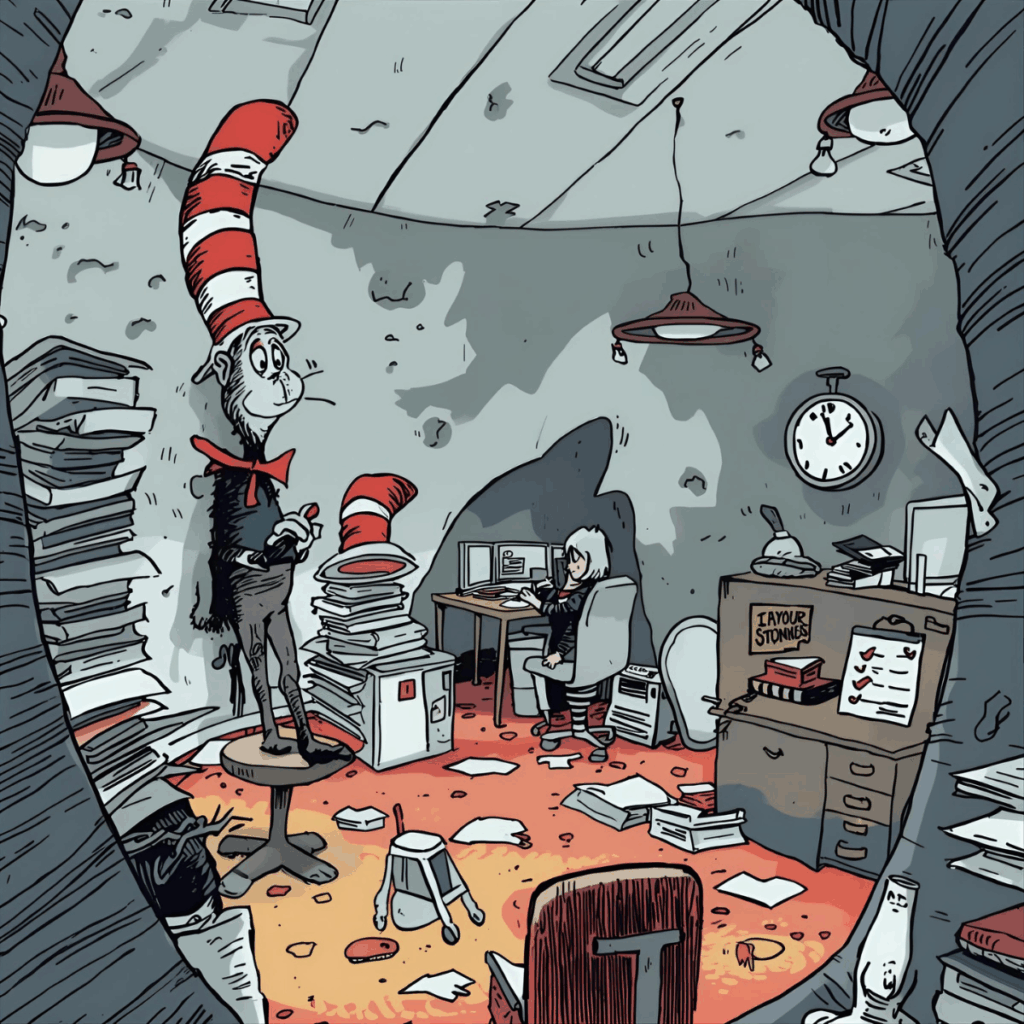 Dr. Seuss–style illustration of a gloomy, disconnected office with muted colours and whispering employees, symbolising a toxic workplace culture where energy and teamwork have faded