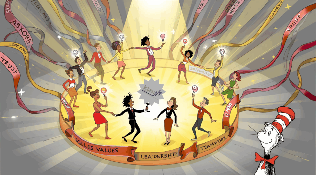 Whimsical Dr. Seuss–style scene of joyful employees dancing in a glowing ring labelled trust, values, and teamwork, with Klaen Consultants guiding their cultural flow.