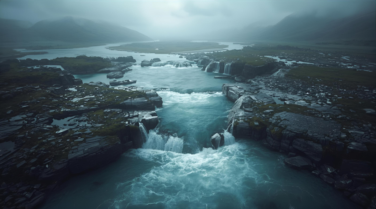 Aerial view of three streams merging into one strong current, symbolising how culture drives execution and creates organisational flow.