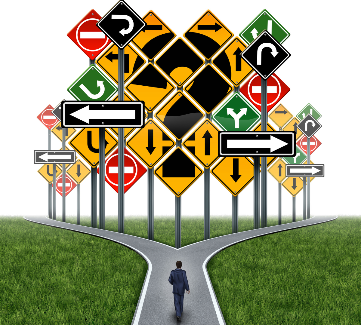 A business leader walks toward a crossroads crowded with conflicting road signs, symbolising unclear decision rights, mixed authority signals, and the confusion that slows execution when roles and decision boundaries are not defined.