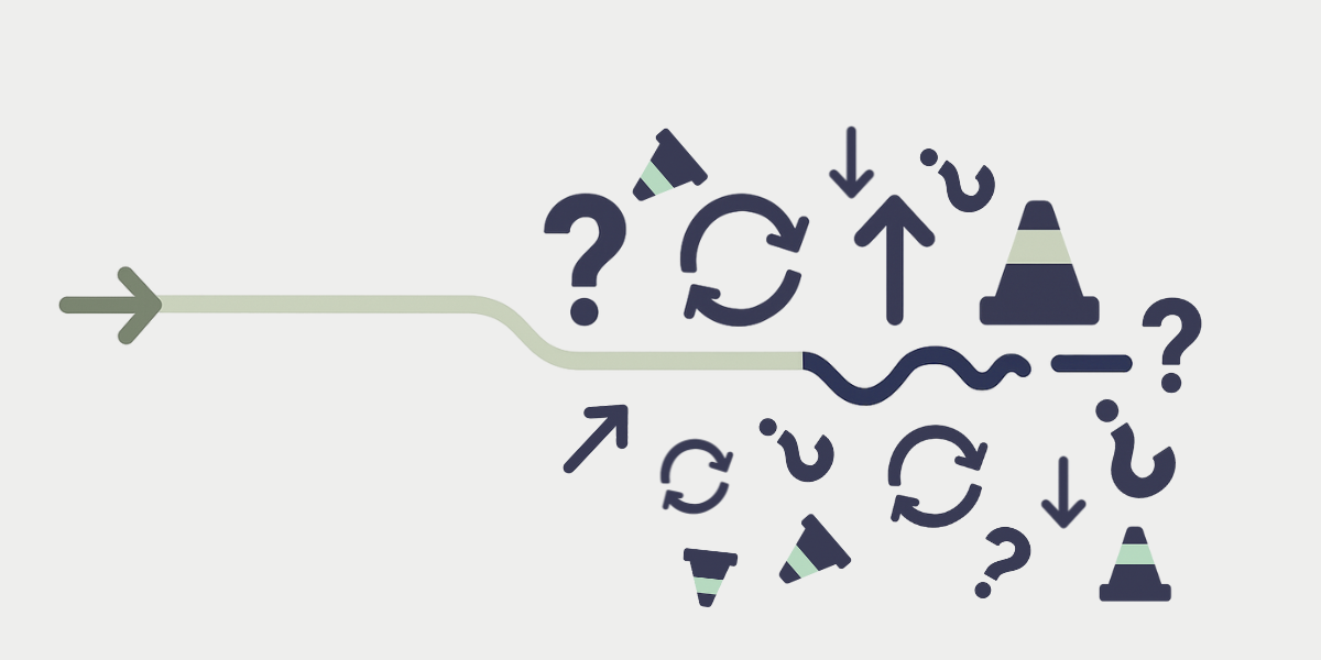 A horizontal green arrow representing smooth execution begins clearly on the left but becomes disrupted on the right side by icons symbolising micro-frictions, including question marks, circular arrows, upward arrows, and traffic cones. The image illustrates how small uncertainties and repeated conversations accumulate and slow execution after the first month.